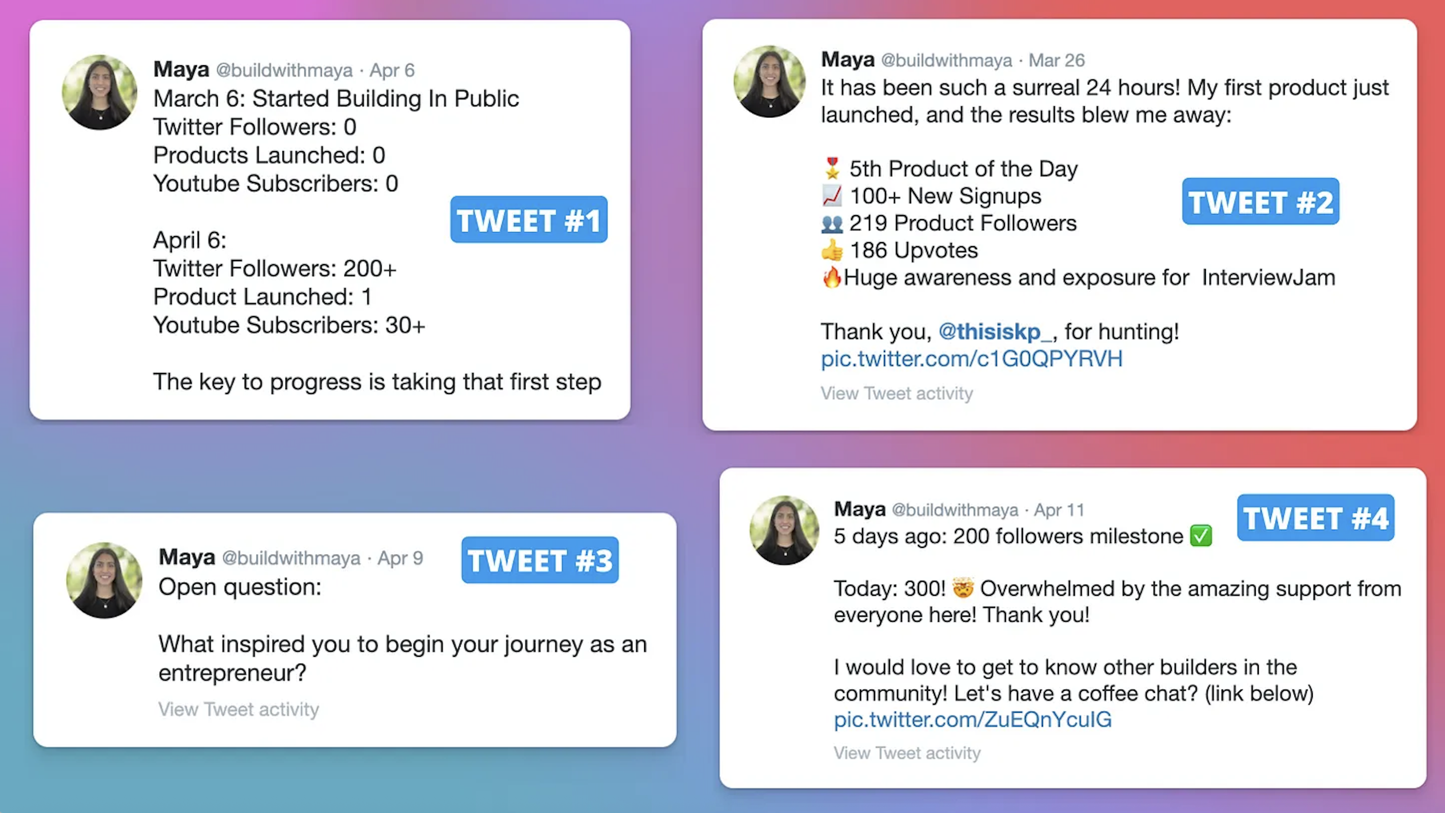 Four of my tweets showing the before-and-after, accomplishment list, and community question formats